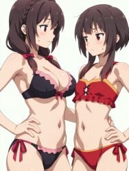 2girls ai_assisted ai_generated black_hair breast_comparison breast_contest breast_press breast_size_difference breasts brown_hair embarrassed envious envy hair_ornament kono_subarashii_sekai_ni_shukufuku_wo! large_breasts megumin multiple_girls red_eyes short_hair short_hair_with_long_locks small_breasts spasibo15 swimsuit yunyun_(konosuba)