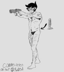 anal anal_dildo anal_object_insertion biting_lip black_hair body_hair cum enjoying facial_hair full_body glasses gray_background gun guns hard_cock hard_dick hard_nipples hard_penis homestuck jake_english leaking_cum male male_only male_penetrated minimal_shading near_orgasm penis pubic_hair shaking shoulder_tattoo solo_male sweat toes trembling