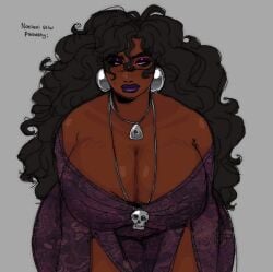 bare_shoulders big_hair black_hair cleavage createmodehoe createmodehoe dark-skinned_female dark_skin dress earrings eyeshadow huge_breasts leaning_forward long_hair maka_(createmodehoe) maka_(createmodehoe) mature_female necklace plump purple_eyeshadow purple_lips solo wavy_hair