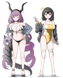 2girls :/ :d arknights barefoot flying_sweatdrops large_breasts magallan_(arknights) multiple_girls notice_lines one_eye_closed sandals swimsuit toes typhon_(arknights) v