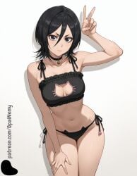 1girls ai_generated angry arm_up armpit_crease armpits bangs bare_arms bare_legs bare_shoulders black_choker black_eyes black_hair black_lingerie black_panties bleach bleach:_the_thousand-year_blood_war breasts cat_lingerie choker collarbone female hair_between_eyes hand_on_own_thigh hi_res high_quality high_resolution highres kuchiki_rukia kuchiki_rukia light lingerie lips medium_breasts midriff navel nose opal_nemy panties patreon patreon_logo patreon_url patreon_username plain_background self_upload shadow shiny shiny_clothes shiny_hair shiny_skin short_hair simple_background solo standing thick_thighs thighs v watermark white_background