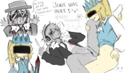 2boys blood_on_face bottomless censored_eyes chance_(forsaken) dialogue english_text forsaken_(roblox) gay gay_sex half_naked itrapped_(forsaken) male male_only penetration penis penis_in_ass precum roblox roblox_game robloxian smirk spread_legs tagme tagme_(artist) text