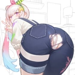1girls absurdres airani_iofifteen airani_iofifteen_(1st_costume) ass ass_focus blue_overalls blush gradient_hair hair_bun hair_ornament hair_ribbon highres hololive hololive_indonesia long_hair looking_at_viewer merrytail multicolored_hair overalls paint_splatter panties pink_hair purple_eyes ribbon shirt solo torn_clothes torn_overalls underwear v virtual_youtuber white_panties