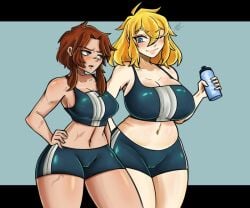 2girls ana_leopad big_ass big_breasts blonde_hair blue_eyes blush breasts breasts_bigger_than_head brown_hair cameltoe chubby chubby_female curvy curvy_female el_diario_de_jonathan green_eyes jayden_murtons one_eye_closed petina petoart scars_all_over short_hair sports_bra standing sweat thick thick_legs thick_thighs thighs
