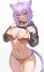 aoi_zerii clothes_lift gold_bikini hololive hoodie large_breasts nekomata_okayu shirt_lift virtual_youtuber
