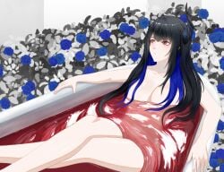 asymmetrical_horns bath bathing black_hair broken_horn deru hololive hololive_english hololive_english_-advent- large_breasts naked nerissa_ravencroft nude solo thick_thighs virtual_youtuber