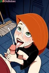 1girls after_sex ai_generated black_shirt canon_couple cum cum_in_mouth cum_on_face cum_on_tongue cumshot disney disney_channel dizbabes ejaculation exposed_breasts facial female green_eyes handjob happy kim_possible kneeling kneeling_oral_position looking_up open_mouth orange_hair projectile_cum ron_stoppable shirt shirt_lift small_breasts stable_diffusion three-quarter_sleeves tongue_out two-handed_handjob