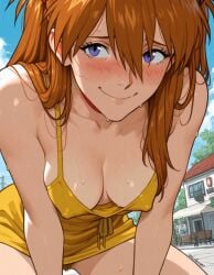 1girls ai_generated asuka_langley_sohryu blush close-up dress erect_nipples erect_nipples_under_clothes exhibitionism neon_genesis_evangelion no_bra no_panties outdoors outside presenting pubic_hair public public_exposure public_indecency public_nudity pussy pussy_peek sundress sunny sweat sweating undressing yellow_dress