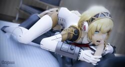1 1boy1girl 69_position aigis_(persona) android blonde_hair blue_eyes female joints makoto_yuki male persona_3