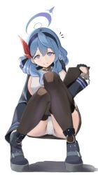 1girls absurdres akinoji_(akiponpon27) ako_(blue_archive) ass black_thighhighs blue_archive blue_eyes blue_gloves blue_hair blue_hairband blue_halo blue_shoes blush breasts closed_mouth female gloves hair_between_eyes hairband half_gloves halo highres large_breasts panties pantyshot partial_commentary red_ribbon ribbon shirt shoes sideboob sideless_shirt simple_background smile solo thighhighs underwear white_background white_panties white_shirt