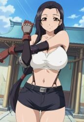 1girls ai_generated amaenaideyo amaenaideyo!! black_hair breasts brown_eyes cosplay cosplaying_as_character crossover fan fanart female final_fantasy_vii large_breasts looking_at_viewer mature_female miyako_amanogawa outdoors posing stretching swapped_clothes tifa_lockhart_(cosplay)