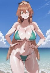 1girls ai_generated ass big_breasts bikini breasts brown_hair female female_focus girls'_frontline green_bikini green_eyes hands_on_own_hips hips huge_breasts large_breasts light-skinned_female looking_at_viewer navel springfield_(girls'_frontline)