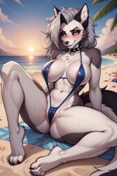 1girls ai_generated anthro areolae artist_request beach beach_towel big_breasts bikini blush breasts ear_piercing ears female furry grey_body grey_fur grey_hair hellhound helluva_boss horny horny_female in_heat long_hair looking_at_viewer loona_(helluva_boss) nipple_bulge notched_ear one-piece_swimsuit red_sclera seductive seductive_pose seductive_smile sitting sling_bikini spiked_collar spread_legs sunset sweat tail two_tone_body two_tone_fur two_tone_tail wet_pussy white_body white_eyes white_fur wolf wolf_girl