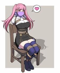 bangs blue_legwear bondage bondage bound breasts chair female full_body gag gagged garreg_mach_monastery_uniform heart improvised_gag large_breasts long_hair looking_at_viewer pink_eyes pink_hair rope simple_background sitting solo speech_bubble spoken_heart tape tape_gag thighhighs tied_up twintails uniform zettai_ryouiki