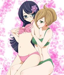 2girls ass aurea_juniper bad_id blue_eyes borupikka bra breasts brown_hair duplicate earrings female female_only fennel_(pokemon) flat_chest glasses green_bra green_panties hair_ornament human jewelry large_breasts lingerie multiple_females nintendo panties pink_bra pink_panties pokemon pokemon_bw pokemon_professor purple_hair red_earrings small_breasts underwear updo yuri