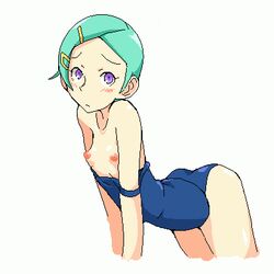 1girls blush breasts eureka eureka_seven female female_only green_hair hairclip hairpins lowres nude open_clothes open_shirt pose purple_eyes shirt short_hair solo swimsuit white_background