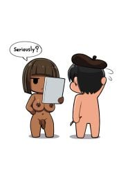 1boy 1futa 2d 2d_artwork areolae arms_up athletic athletic_female athletic_futa bangs big_breasts bob_cut breasts breasts_out bretta_(capydiem) brown_eyes brown_hair busty chibi dark-skinned_futa dark_skin female foreskin futa_focus futanari hourglass_figure intersex large_breasts navel nipples original original_character penis penis_out pinup pinup_pose saberrung short_hair uncircumcised wide_hips