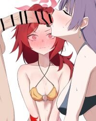 1boy 2girls absurdres allied_hyakkiyako_academy_student bangs_pinned_back bar_censor bikini black_bikini blue_archive blush breasts censored closed_eyes collarbone criss-cross_halter earrings fellatio female full-face_blush halterneck highres hyakkaryouran_conflict_resolution_council_(blue_archive) jewelry large_breasts light-skinned_female light-skinned_male light_skin long_hair male mintchoco_(minchothudong) multiple_girls o-ring o-ring_bikini o-ring_top official_alternate_costume oral orange_bikini penis purple_hair red_eyes red_hair renge_(blue_archive) renge_(swimsuit)_(blue_archive) simple_background small_breasts straight sweat swimsuit white_background yukari_(blue_archive) yukari_(swimsuit)_(blue_archive)