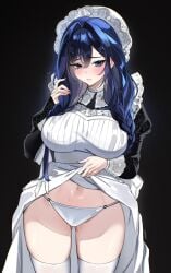 1girls black_background blue_eyes blue_hair blush bonnet braid breasts clothes_lift cowboy_shot dress dress_lift highres hololive hololive_english large_breasts lifting_own_clothes long_hair looking_at_viewer official_alternate_costume official_alternate_hairstyle ouro_kronii ouro_kronii_(maid) panties puffy_sleeves pussy_juice sakichka solo thighhighs twin_braids underwear very_long_hair virtual_youtuber white_panties white_thighhighs