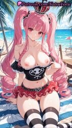 1girls 2025 ai_generated bangs bare_shoulders beach beach_umbrella breasts closed_mouth collarbone crop_top crown hi_res highres large_breasts long_hair looking_at_viewer microskirt miniskirt natsuyoru navel nipples off-shoulder_shirt one_piece one_piece:_egghead_arc outdoors patreon perona perona_(one_piece) pink_hair pussy red_eyes red_skirt shirt sitting skirt smile solo striped striped_clothes striped_thighhighs thighhighs twintails umbrella very_long_hair voluptuous voluptuous_female