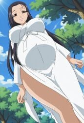 1girls ai_generated amaenaideyo amaenaideyo!! black_hair breasts brown_eyes female kimono large_breasts long_hair looking_at_viewer mature_female miyako_amanogawa outdoors pregnant smile standing viewed_from_below