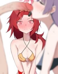1boy 2girls absurdres bangs_pinned_back bikini black_bikini blue_archive blurry blurry_foreground blush breasts closed_eyes collarbone criss-cross_halter depth_of_field earrings fellatio female full-face_blush halterneck highres jewelry large_breasts long_hair male mintchoco_(minchothudong) multiple_girls o-ring o-ring_bikini o-ring_top official_alternate_costume oral orange_bikini penis purple_hair red_eyes red_hair renge_(blue_archive) renge_(swimsuit)_(blue_archive) simple_background small_breasts straight sweat swimsuit white_background yukari_(blue_archive) yukari_(swimsuit)_(blue_archive)