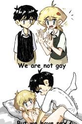 2boys 2koma basil_(omori) before_sex best_friends blush blushing femboy gay gay_denial i_dont_know_what_to_tag implied_anal meme omori on_bed sunny_(omori) tag_request thighhighs