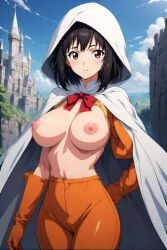 1girls ai ai_generated anniversary breasts breasts_out cape castle dark_hair female female_focus female_only final_fantasy final_fantasy_ix garnet_til_alexandros_xvii gloves hood hood_up looking_at_viewer necktie nipples orange_gloves orange_pants pants queen quinzo11 red_necktie self_upload short_hair square_enix standing standing_female white_cape white_hood