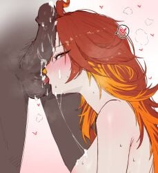 1boy 1girls absurdres commentary completely_nude cum cum_on_body cum_on_penis dark-skinned_male dark_skin female genshin_impact heart highres hoyoverse interracial licking licking_testicle light-skinned_female light_skin long_hair male mavuika_(genshin_impact) mihoyo multicolored_hair nude oral orange_hair red_eyes red_hair simple_background spoken_heart straight symbol-only_commentary testicles two-tone_hair uncensored urellur very_high_resolution very_long_hair white_background