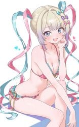 bikini blush chouzetsusaikawa_tenshi-chan frilled_bikini head_rest heart inami_(x_spidekawaii_x) looking_at_viewer needy_girl_overdose needy_streamer_overload outstretched_arm raised_knee seductive sitting smile
