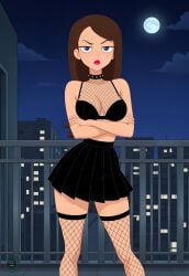 2025 ai_generated alfrehr203 angry_at_viewer belly black_eyebrows black_skirt black_socks black_topwear blue_eyes_female brown_hair_female city_background crossed_arms deviantart disney_channel disney_xd looking_at_viewer meta metal_collar phineas_and_ferb pink_lipstick tummy vanessa_doofenshmirtz walt_disney_animation_studios walt_disney_television