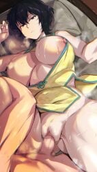 1boy absurdres bed bed_sheet black_hair breasts breasts_out cafekun censored china_dress chinese_clothes closed_mouth commentary_request dress erection female grey_eyes highres kowloon_generic_romance kujirai_reiko large_breasts leg_up lying male mosaic_censoring nipples on_back on_bed pussy sex steam straight sweat thick_thighs thighs vaginal_penetration yellow_dress