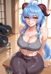 ai ai_assisted ai_generated amiral_ai big_ass big_breasts blush blushing_at_viewer crossed_legs dumptruck_ass ganyu_(genshin_impact) genshin_impact gym smile smiling_at_viewer sports_bra sweating sweaty thick_ass thick_thighs