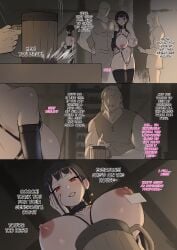 2girls 3boys arm_sleeves bangs beer_mug bell black_hair bondage breast_grab comic dawalixi english_text faceless_male female male multiple_boys nipple_piercing nipple_ring nipple_tag red_eyes skindentation skyrim slave tag thighhighs voluptuous