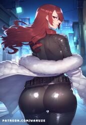 ai_generated big_ass big_breasts big_butt big_thighs black_belt black_bodysuit blush from_behind fur fur_trim huge_ass huge_breasts huge_butt huge_thighs mitsuru_kirijo persona persona_3 red_eyes red_hair wanuze wide_hips