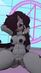 catwalk cryptiacurves evil_smile eye_covered helluva_boss looking_at_viewer loona_(cryptiacurves) loona_(helluva_boss) middle_finger naked_female nipple_piercing pussy pussy_exposed red_sclera two_tone_body vrchat vrchat_avatar vrchat_media vrchat_model white_body