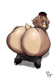 1girl animal_ear animal_nose animal_tail animatronic animatronic_female ass_bigger_than_head bear bear_girl big_ass bottom_heavy brown_hair colored eyelashes female five_nights_at_freddy's freckles freckles_on_ass freddy_(fnaf) giygal hat huge_ass looking_back motion_lines pants pants_down shoes short_hair showing_ass small_image solo solo_female suit tophat white_background