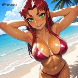 1girls ai_generated becah big_ass dc dc_comics dtkai green_eyes hands_behind_head large_breasts looking_at_viewer oiled outside palm_tree sand sea smile standing starfire starlight sweat thong_bikini wet