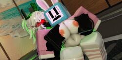1x1x1x1_(forsaken) 2girls elevator grabbing_another's_breast melanie_(regretevator) roblox robloxian topless_female
