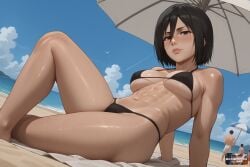 abs absurd_res ai ai_art ai_generated anime anime_girl anime_style aot attack_on_titan beach beach_background beach_towel beach_umbrella bikini bikini_bottom bikini_top black_bikini black_eyes black_hair blush breasts cloud day female hair_between_eyes hi_res high_quality high_resolution highres lips looking_at_viewer lying medium_breasts mikasa_ackerman multiple_girls muscular myaiwaifu69 navel ocean on_side outdoors public shingeki_no_kyojin shiny_skin short_hair sky solo_focus string_bikini sweat swimsuit tan tanlines toned towel uncensored wet