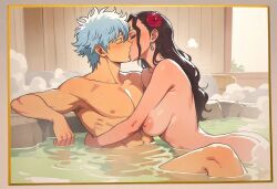ai_generated anime arms_wrapped_around_partner beautiful_females blush_lines brown_hair crossover crossover_sex curvy curvy_figure daytime deep_kissing divine_beauty dreson fantasy flower flower_in_hair gintama gintoki_kiss_viola gintoki_sakata hugging kissing large_breasts lipstick lovely lovers nai_diffusion naked_female naked_male nipples nude one_piece onsen partially_submerged rose_(flower) sexy shonen_jump steam straight viola_(one_piece) voluptuous_female water white_hair window