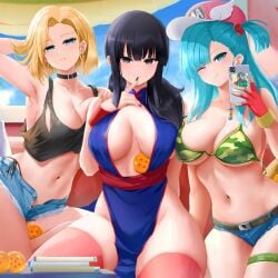 3girls android_18 artist_request asian asian_female big_breasts bulma bulma_(dragon_ball) bulma_briefs cameltoe chichi cleavage curvy dragon_ball female huge_ass thick_lips voluptuous wide_hips