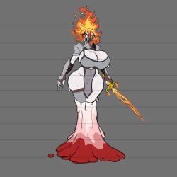 armor arsfromnowhere_(artist) big_breasts candle candle_wax creature curvy fire fire_hair fire_sword huge_breasts knight knight_armor monster monster_girl sketch thick wax wax_creature wax_girl wax_on_body white_body wide_hips