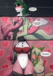 anthro breasts breasts_against_back brother_(lore) comic cousins_(lore) daisy_(katson) dialogue english_text female female/female fur generation_9_pokemon green_body green_fur groping_from_behind hi_res incest_(lore) lily_(katson) lizzard_sama male nintendo pink_body pink_fur pokemon pokemon_(species) pulling_down_pants shadow_(katson) sibling_(lore) sister_(lore) sprigatito tattoo text undressing_self