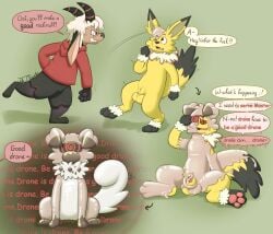 absurd_res animal_genitalia anthro balls bovid canid canine caprine clothing dialogue digital_media_(artwork) drone dronification duo eeveelution english_text feral fur generation_1_pokemon generation_7_pokemon genitals goat goo_transformation hi_res hypnosis hypnotic_eyes hypnotic_visor jake_the_traveler jolteon latex male mammal mind_control nintendo nude null open_mouth pawpads paws penis pokemon pokemon_(species) rockruff sequence sequential_arrow sheath simple_background speech_bubble submissive text transformation visor yellow_body yellow_fur