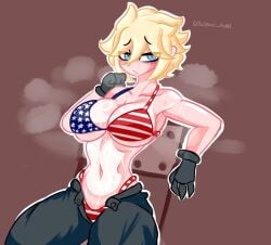 1girls american_flag american_flag_bikini armpits big_breasts bikini blonde_hair blush breasts breasts_out exposed_breasts exposed_torso female female_only heat light_skin looking_at_viewer open_clothes open_mouth shiny shiny_skin short_hair sweat sweating sweaty tanline thick_thighs tummy