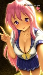 1girls :p ai_generated bending_forward blue_sailor_collar blue_skirt blush bow bowtie breasts cleavage closed_mouth collarbone cowboy_shot female fingernails glasses hair_between_eyes hand_up heart indoors large_breasts long_hair looking_at_viewer lucky_star meitabuu miyuki_takara multiple_girls nail_polish pink_hair pink_nails pleated_skirt posing purple_eyes purple_hair reaching reaching_towards_viewer ryouou_school_uniform sailor_collar school_uniform selfie serafuku shirt short_sleeves skirt smile solo standing tongue tongue_out v very_long_hair white_shirt yellow_bow yellow_bowtie