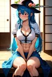 abs ai_generated alternate_breast_size alternate_muscle_size averting_eyes between_legs black_headwear blue_hair blue_skirt blush boots bow breasts brown_footwear cleavage closed_mouth collarbone collared_shirt crop_top embarrassed feet_out_of_frame female flying_sweatdrops food fruit hair_between_eyes hat hinanawi_tenshi knees_together_feet_apart large_breasts long_hair looking_to_the_side meitabuu midriff muscular muscular_female navel peach puffy_short_sleeves puffy_sleeves red_bow red_eyes shirt short_sleeves shy sidelocks sitting skirt solo thighs toned white_shirt