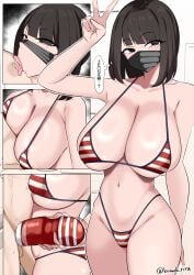 belly_button bikini black_eyes black_hair blush breasts eyebrows_visible_through_hair face_mask handjob handjob_w/sex_toy huge_breasts komado_riru licking_nipple light-skinned_female light-skinned_male light_skin mask sex_toy swimsuit tenga tenga_outfit tongue tongue_out