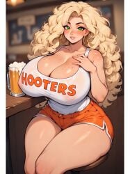ai ai_generated beer_mug big_breasts blonde_hair freckles gold_earrings green_eyes hoop_earrings hooters hooters_uniform huge_breasts looking_at_viewer nipples_visible_through_clothing thick_thighs